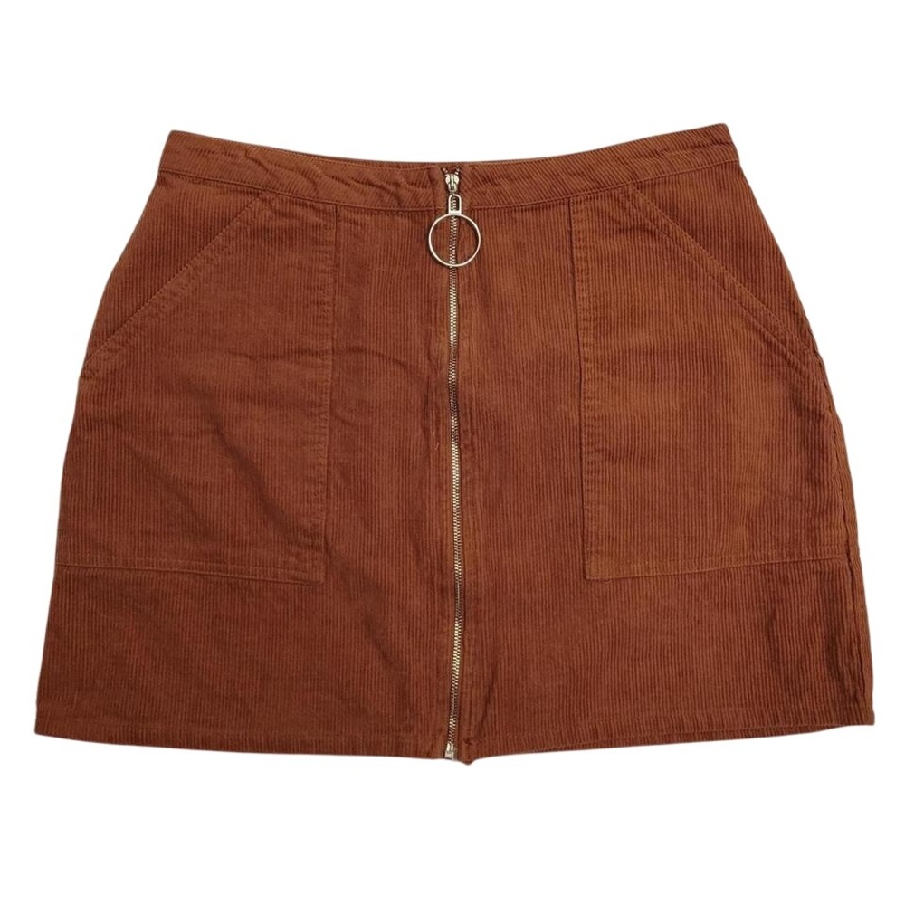 Brown Corduroy Zip Front Mini Skirt Dark Academia Preppy Twee Pockets 90s Size L